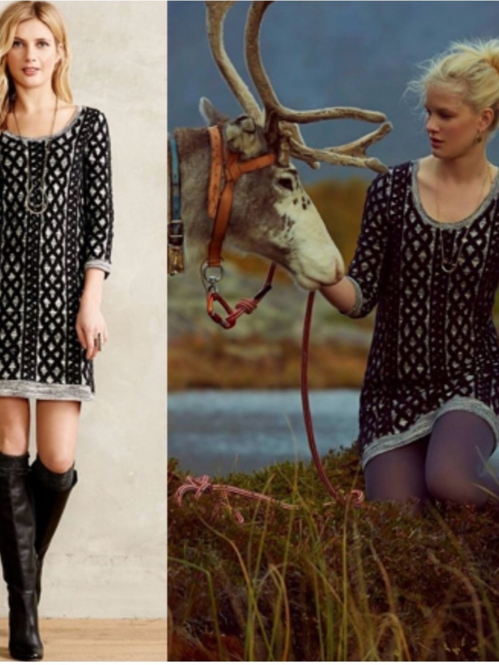 Anthropologie Moth Women’s M Sweaterstitched Tunic Dress Black Gray Geometric